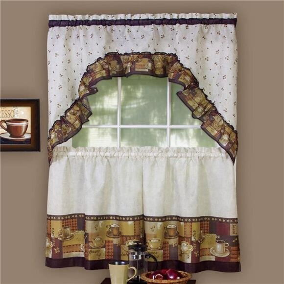 Embellished Tier and Swag Window Curtain Set - 57 Inch Width, 24 Inch Length - Picture 1 of 7